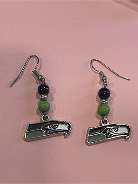 Seattle Seahawks Dangle Earrings Fan Beads w/ Charm #6816
